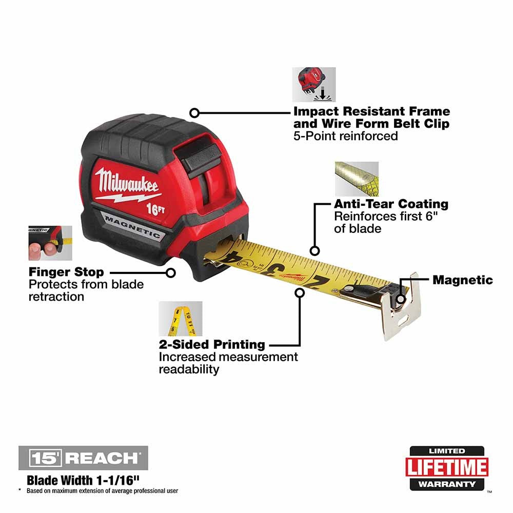 Milwaukee 48-22-0316 16Ft Compact Magnetic Tape Measure