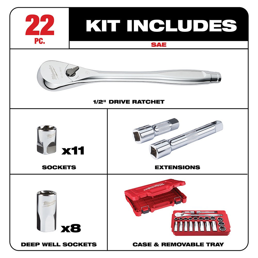 Milwaukee 48-22-9410 22 pc 1/2" Socket Wrench Set – SAE