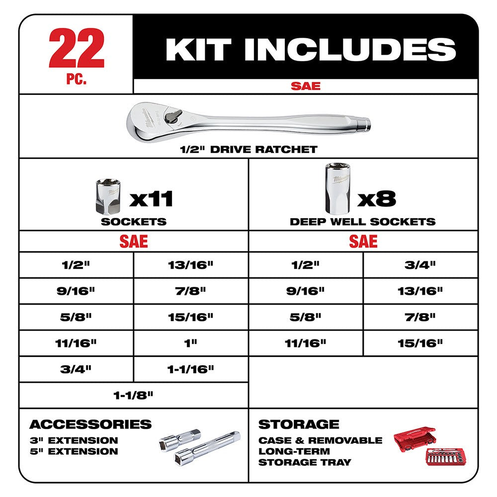 Milwaukee 48-22-9410 22 pc 1/2" Socket Wrench Set – SAE