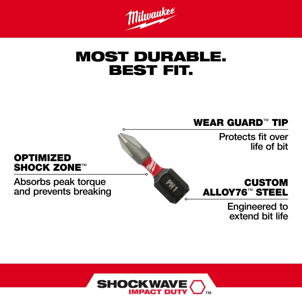 Milwaukee 48-32-4444 #2 Phillips Shockwave 1" Reduced Diameter Drywall Insert Bit 2-Pack