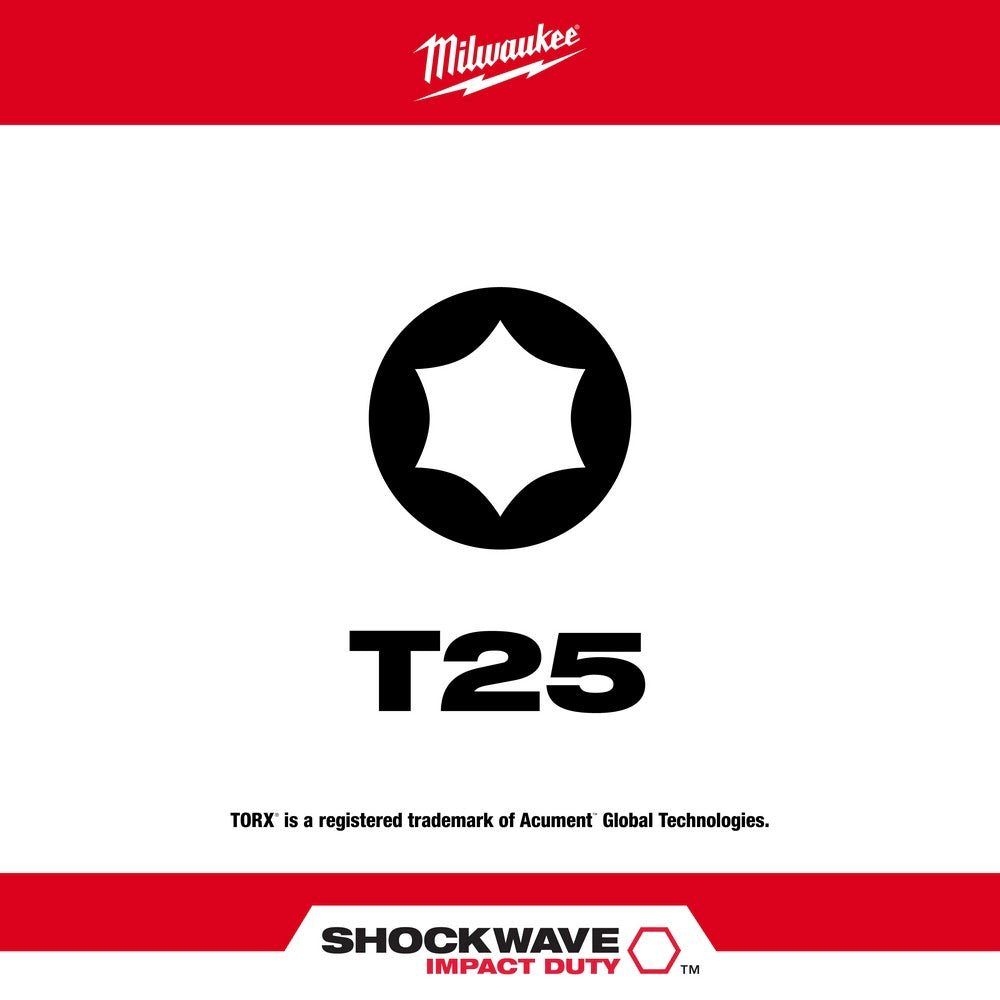 Milwaukee 48-32-4685 T25 Torx Shockwave 2" Power Bit, 5 Pack