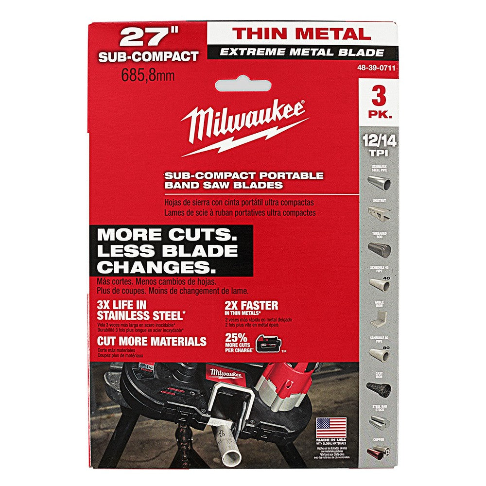 Milwaukee 48-39-0711 27" 18TPI Extreme Thin Metal Bandsaw Blades 3 Pack Sub Compact