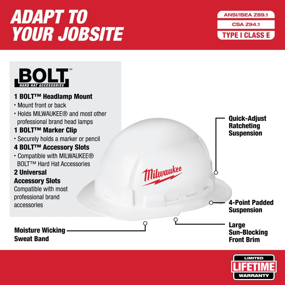 Milwaukee 48-73-1031 Full Brim Hard Hat with BOLT Accessories 
– Type 1 Class E (Small Logo)