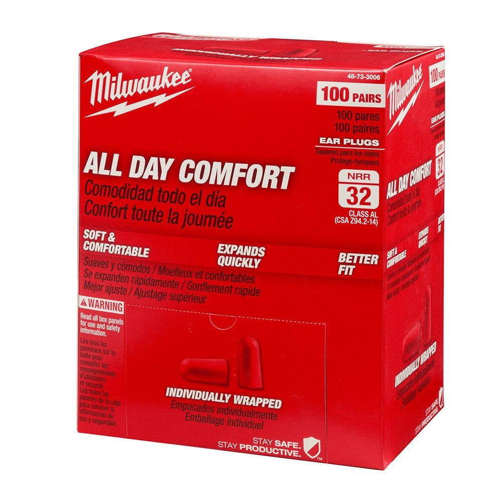 Milwaukee 48-73-3006 Uncorded Ear Plugs, NRR 32db, Disposable, 100 Individually Sealed Pairs