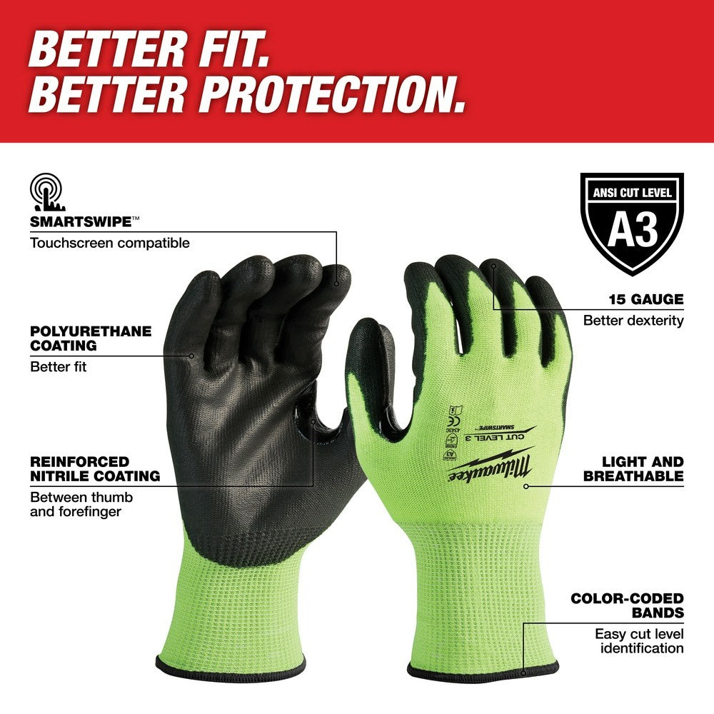 Milwaukee 48-73-8930B 12PK High Visibility Cut Level 3 Polyurethane Dipped Safety Gloves - Small