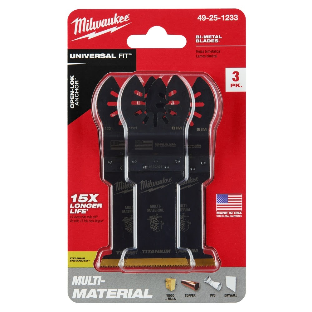 Milwaukee 49-25-1233 OPEN-LOK™ 1-3/8" TITANIUM ENHANCED Bi-Metal Multi-Material Blades 3 Pack