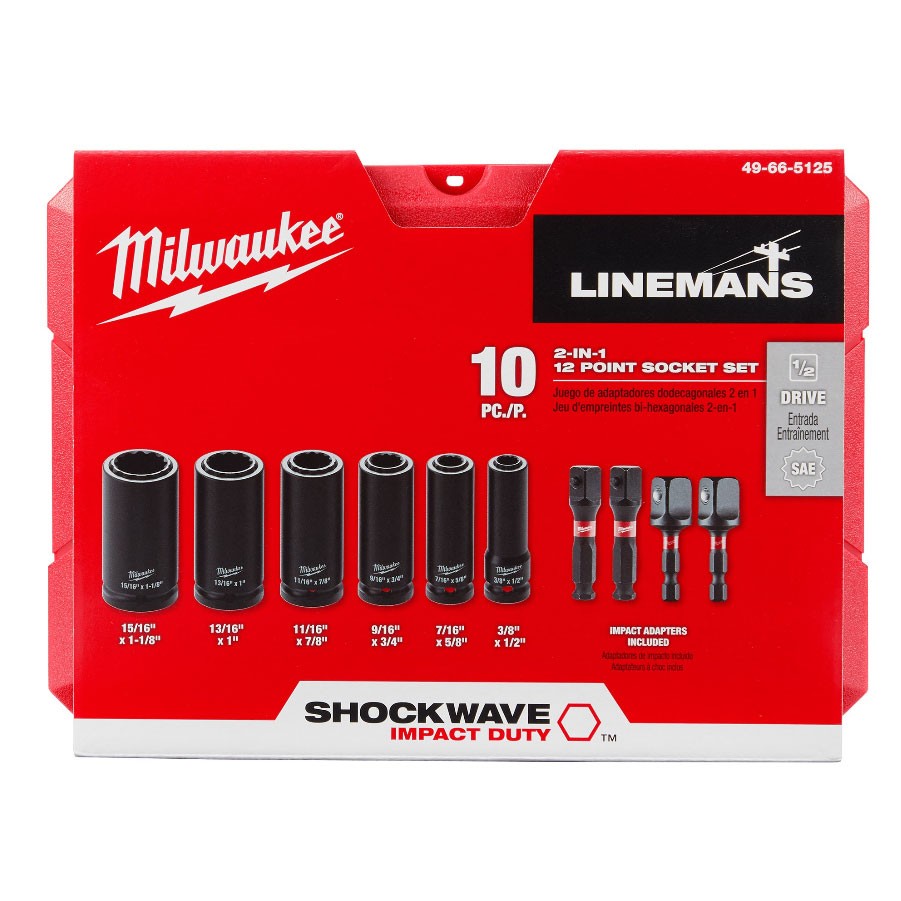Milwaukee 49-66-5125 Shockwave Lineman's 10Pc 2-in-1 12Pt Socket Set