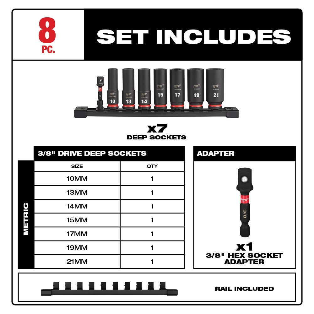 Milwaukee 49-66-7021 8PC SHOCKWAVE Impact Duty™  3/8" Drive Metric Deep 6 Point Socket Set