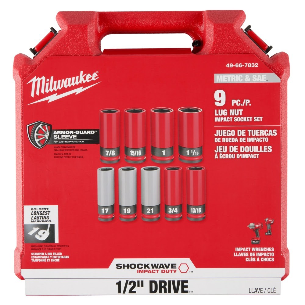 Milwaukee 49-66-7832 SHOCKWAVE Impact Duty 1/2 Drive SAE & Metric 9PC Lug Nut Wheel Socket Set