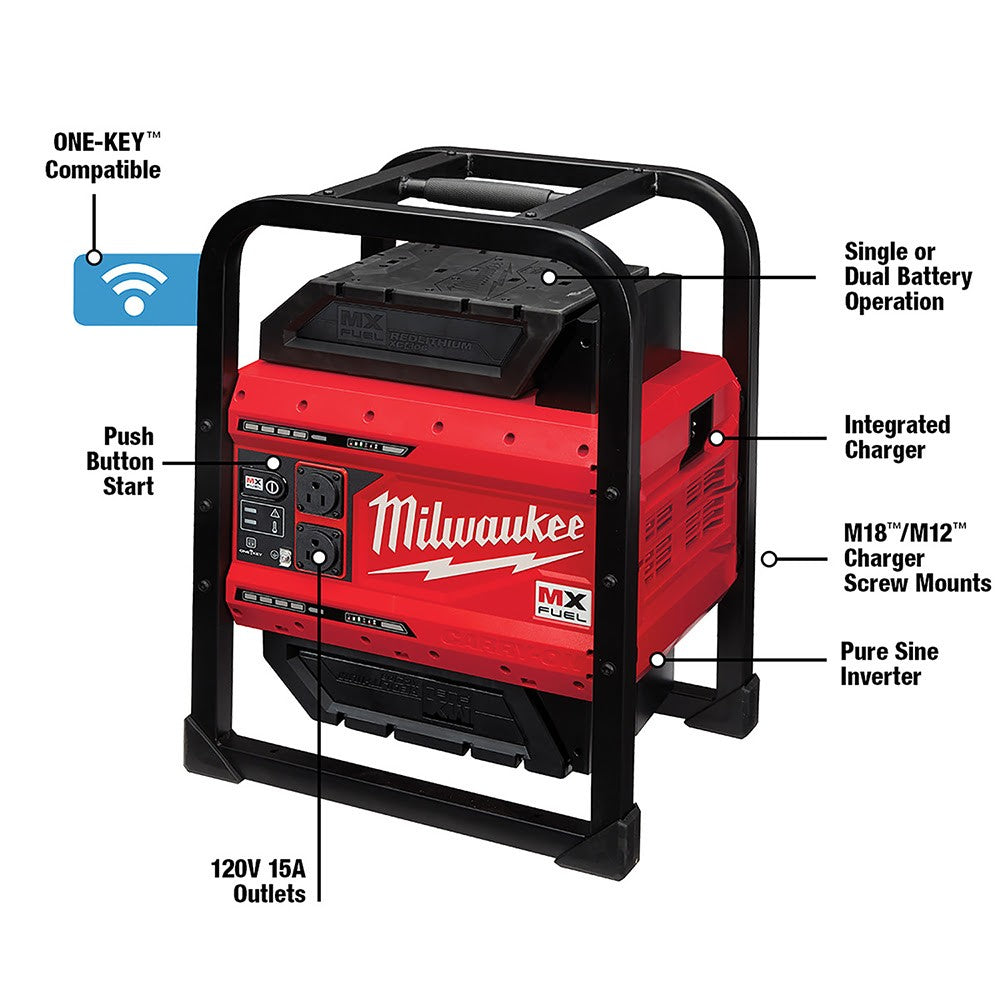 Milwaukee MXF002-2XC MX FUEL CARRY-ON Portable 3600W/1800W Push Start Battery Powered Power Supply Generator Kit w/ Two Batteries